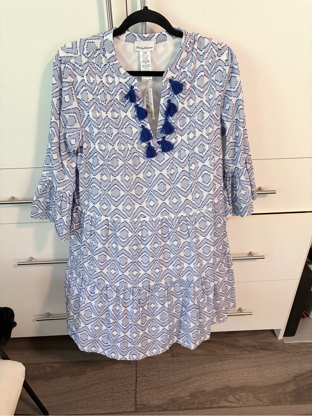 Tommy Bahama Blue & White Geometric Tassel Tunic Dress